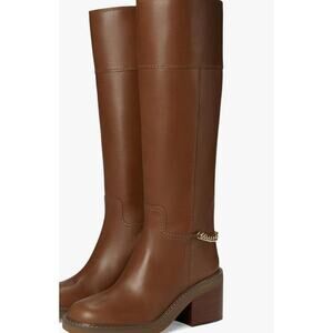 Michael Kors Carlisle Knee High Boot Brown Leather with Charm Chain Women's 7.5